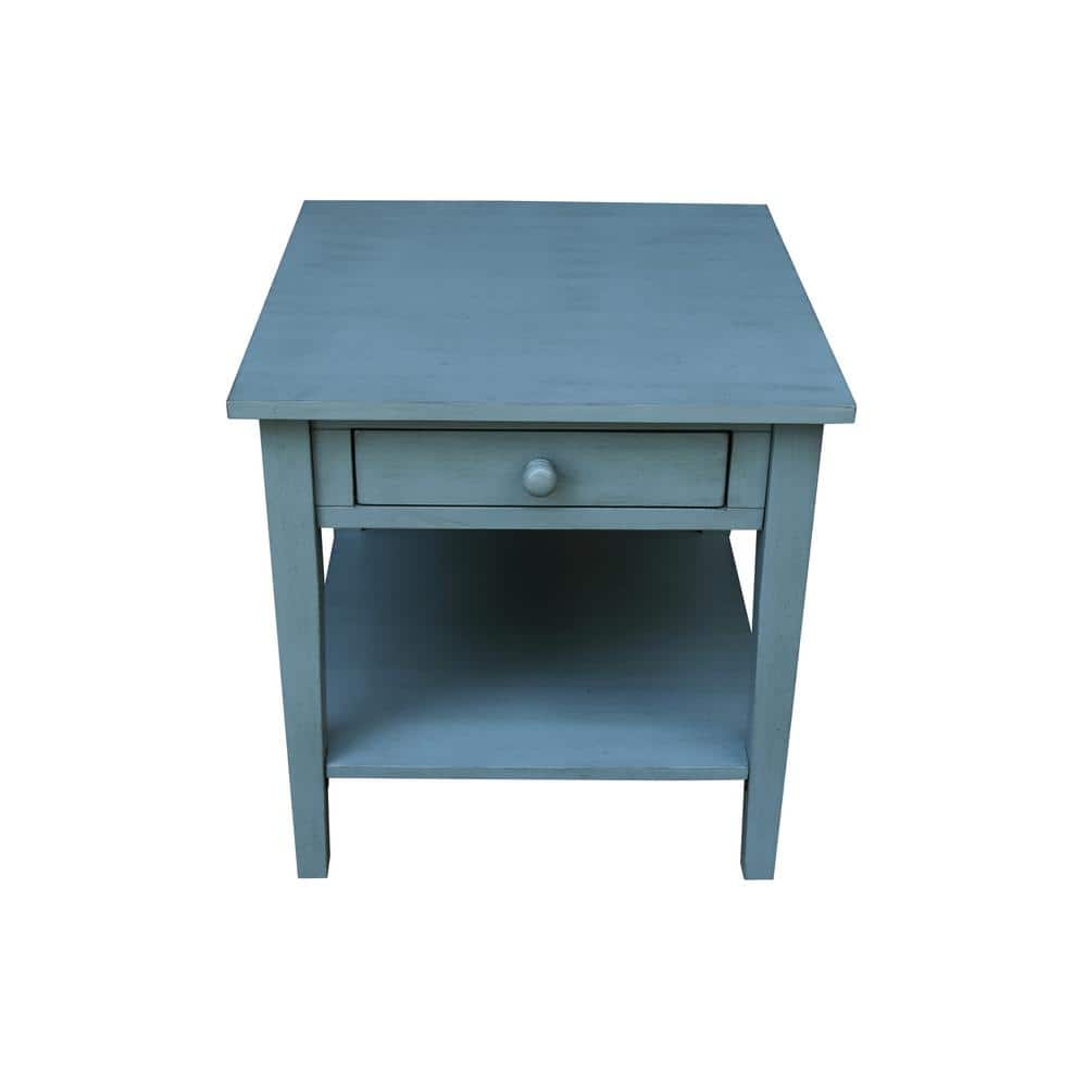Antique Rubbed Ocean Blue Solid Wood End Table with Storage