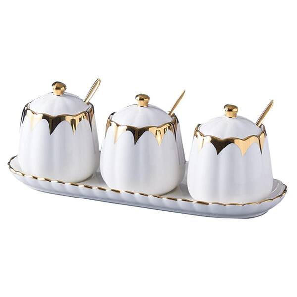 10 oz. White and Gold Ceramic Condiment Jar Set with Lids, Spoons and Tray (Set of 3) Condiment Servers
