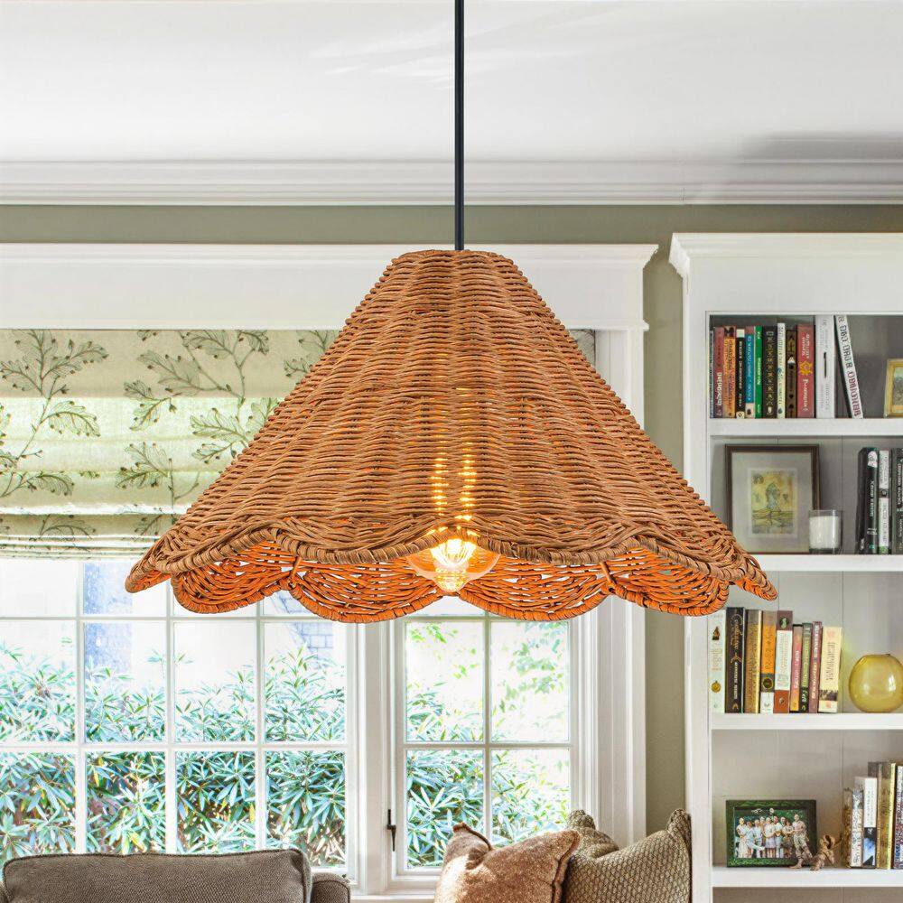 15.8 in. 1-Light Black and Beige Ratten Bohemian Island Pendant Light with Hand-Woven Floral Shade price history on PriceWatchPro