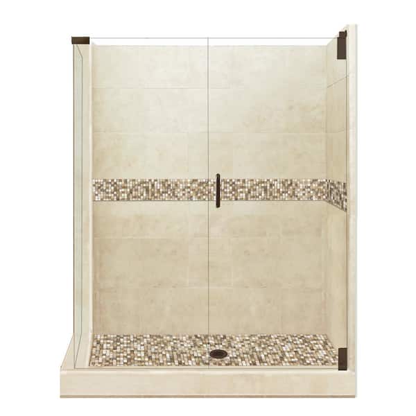 American Bath Factory Roma Grand Hinged 42 in. x 48 in. x 80 in. Right-Hand Corner Shower Kit in Brown Sugar and Old Bronze Hardware