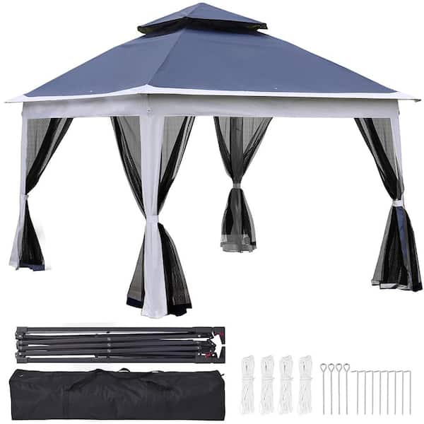 Misopily 11 ft. x 11 ft. Pop Up Gazebo Canopy, 2-Tier Soft Top Event Tent with Removable Zipper Netting for Patio, Backyard, Blue
