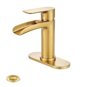 Single-Handle Single Hole Waterfall Spout Bathroom Faucet with Deck Plate in Brushed Gold