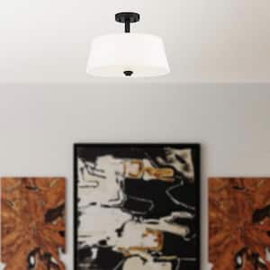 Studio 15 in. 2-Light Matte Black Semi-Flush Mount Ceiling Light with White Fabric Shade