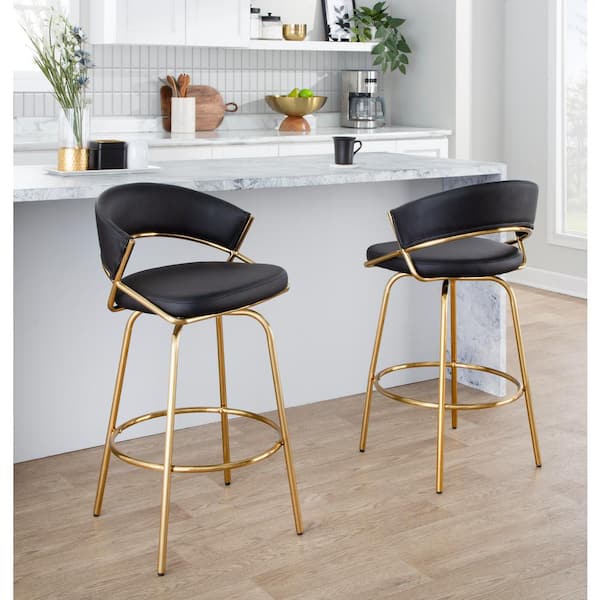 Jie 25.75 in. Black Faux Leather and Gold Metal Fixed-Height Counter Stool (Set of 2)