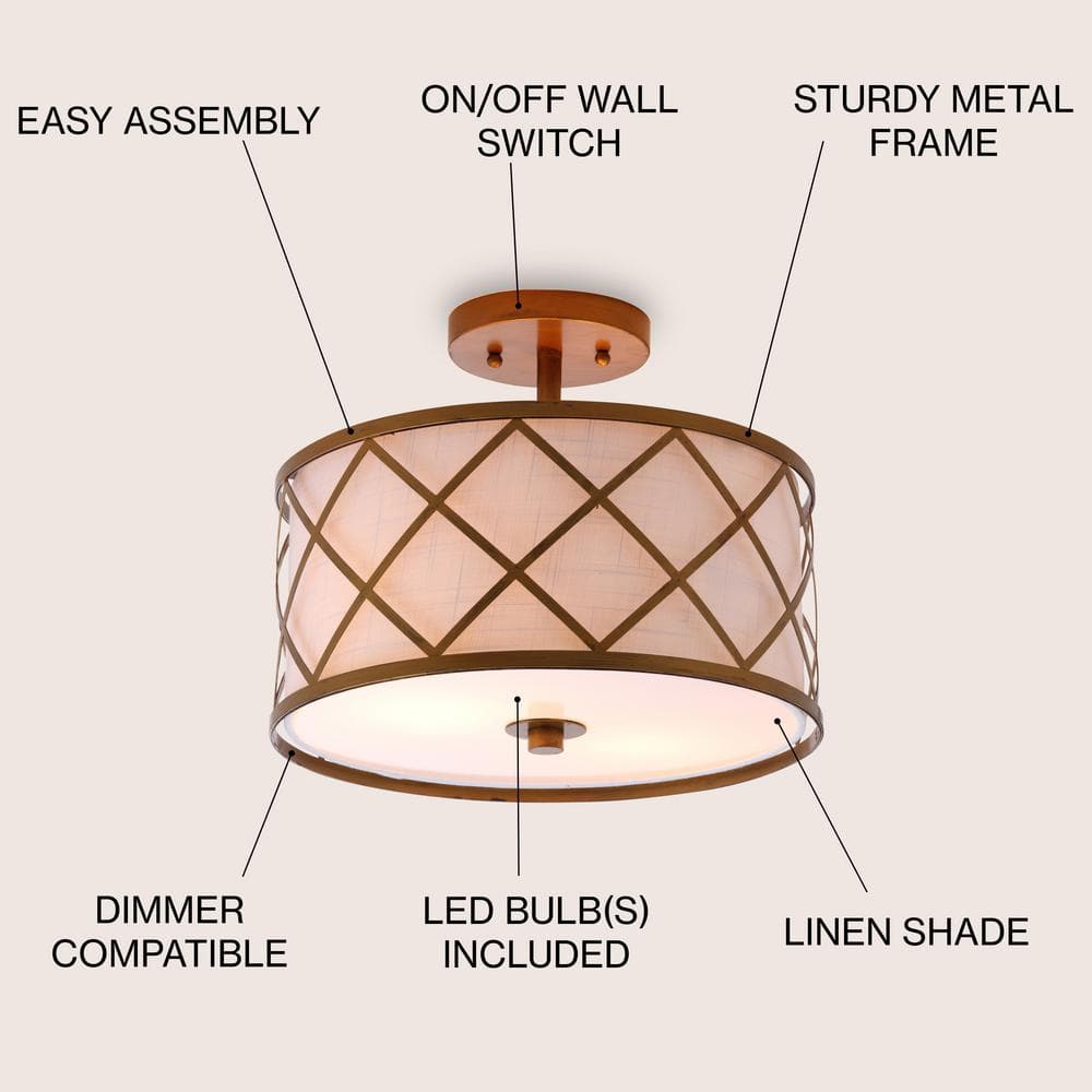 Transitional Elegance 13.25" Gold Metal LED Flush Mount with White Linen Shade