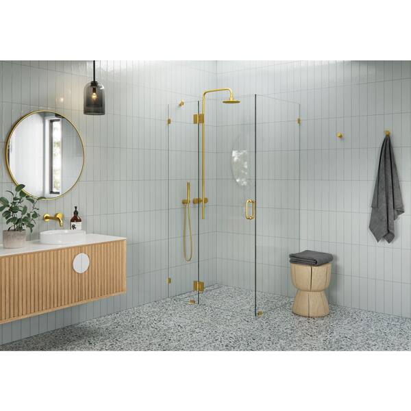 Glass Warehouse 40 in. W x 32 in. D x 78 in. H Pivot Frameless Corner Shower Enclosure in Satin Brass Finish with Clear Glass