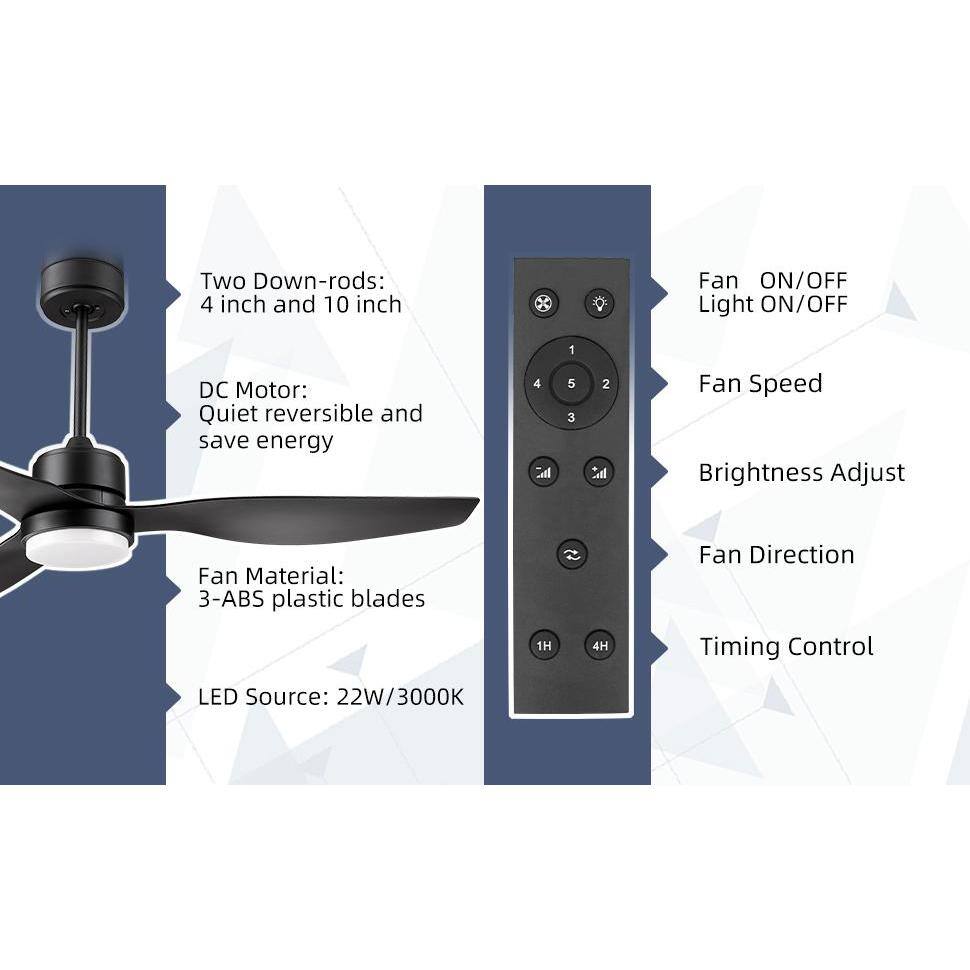 52-Inch Matte Black Ceiling Fan with LED Light and Remote