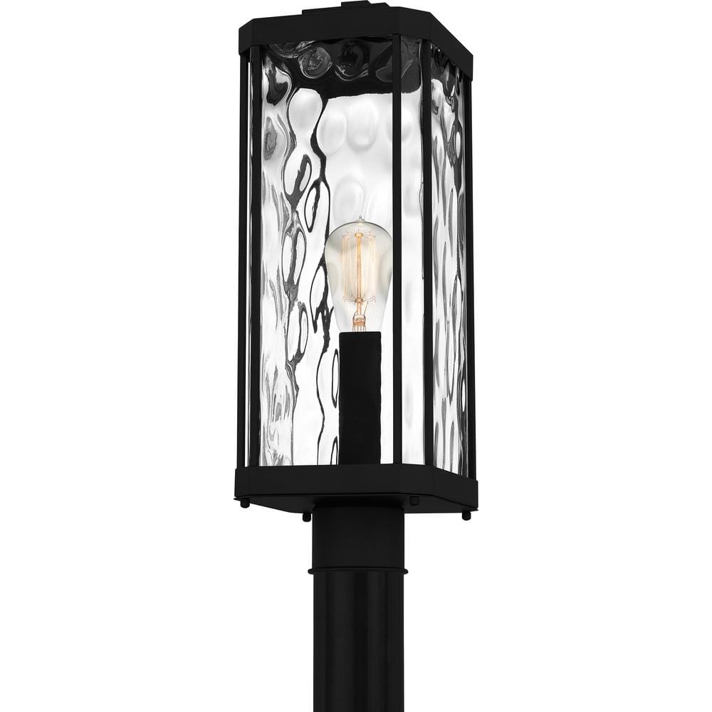 Matte Black Steel Outdoor Post Lantern with Clear Hammered Glass
