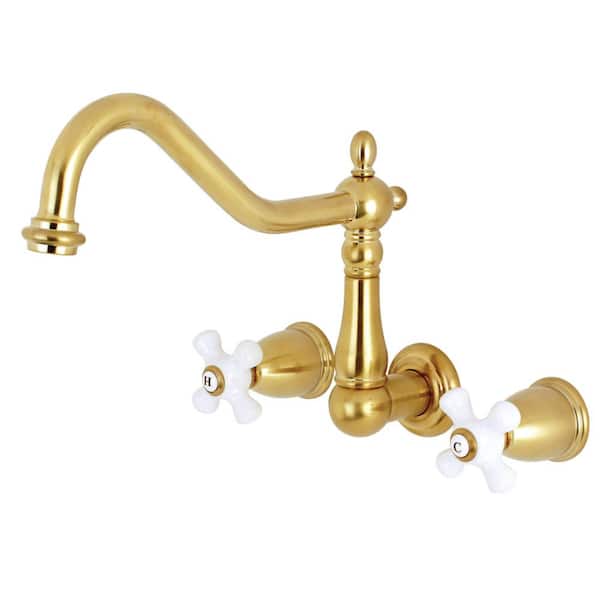 Kingston Brass Heritage 2-Handle Wall-Mount Standard Kitchen Faucet in Brushed Brass
