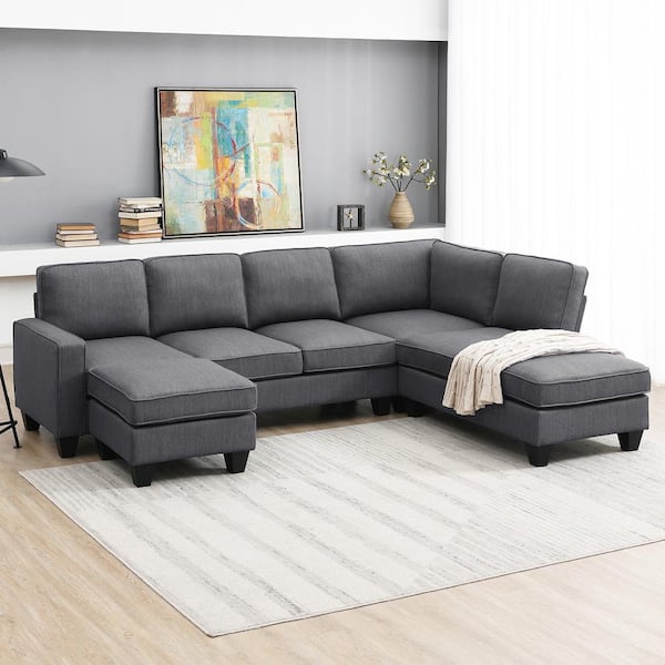 Harper Bright Designs 104 3 In W Square Arm 4 Piece Linen L Shaped Sectional Sofa Dark Gray With Chaise Lounge And Convertible Ottoman Gtt008aar The