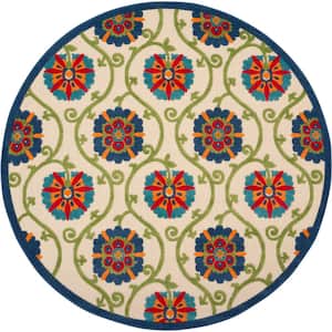 Aloha Easy-Care Blue/Multicolor 8 ft. x 8 ft. Round Floral Modern Indoor/Outdoor Patio Area Rug
