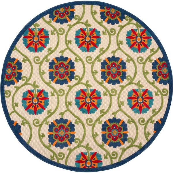 Nourison Aloha Easy-Care Blue/Multicolor 8 ft. x 8 ft. Round Floral Modern Indoor/Outdoor Patio Area Rug