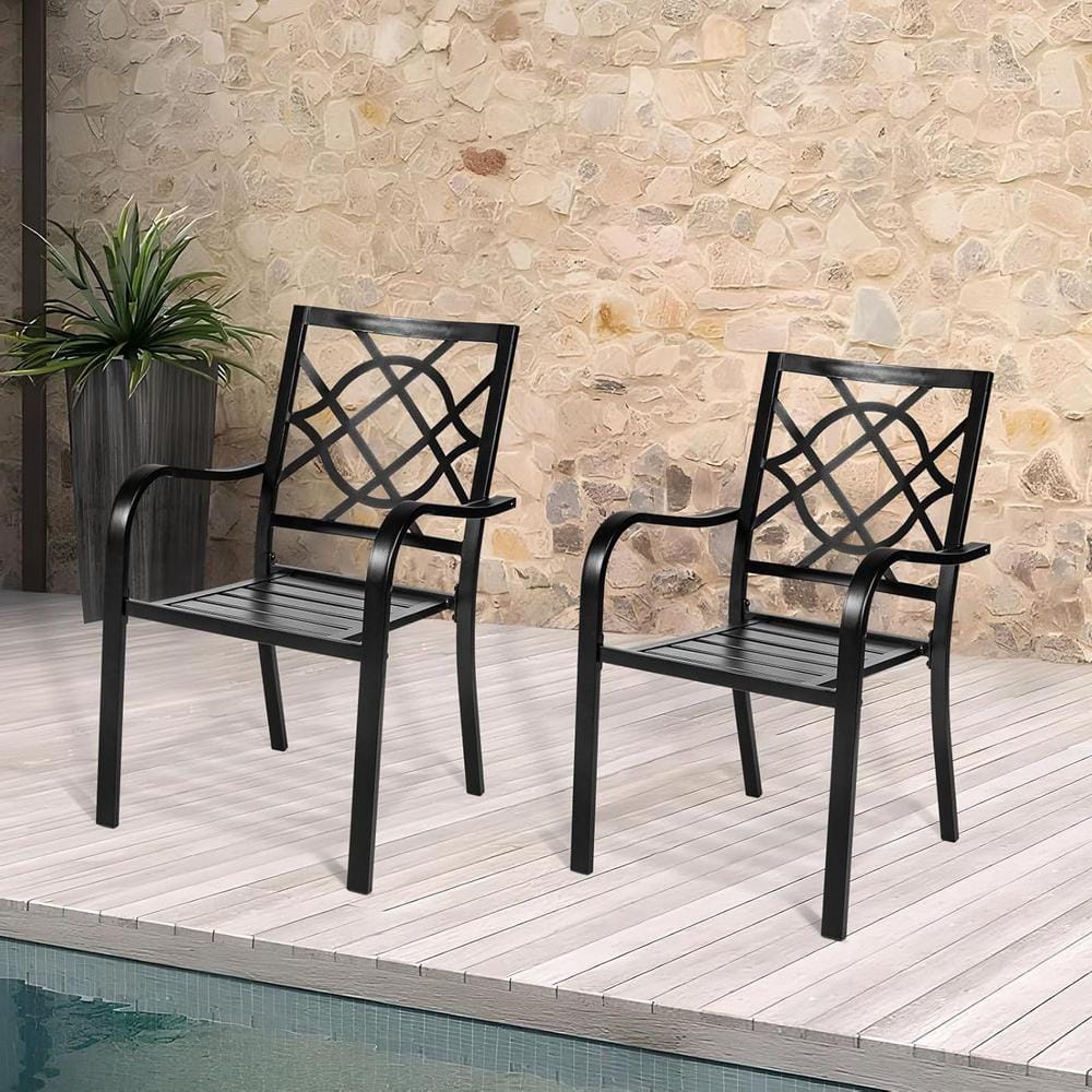 2 Pieces Metal Black Chairs 300 lbs. Outdoor Dining Chairs