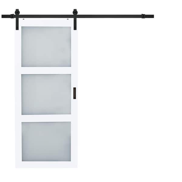TRUporte Hall 36 in. x 84 in. 3-Lite Frosted Glass White MDF Sliding Barn Door with Hardware Kit
