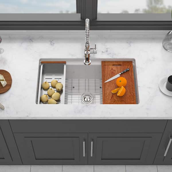 33 in. Undermount Single Bowl White Ceramic Kitchen Sink with Bottom Grids