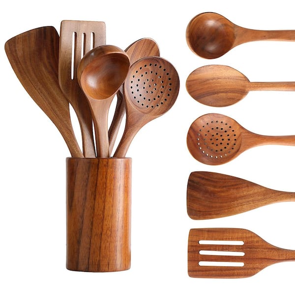 Teak Wood Utensil Set 6-Piece Natural Wooden Cooking Spatulas with Holder, Comfort Grip for Nonstick Cookware