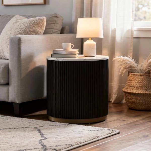 Frey 22 in. White, Gold and Black Round Faux Marble End Table with Reeded Gold-Banded Base