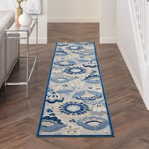 Aloha Blue/Gray 2 ft. x 12 ft. Kitchen Runner Floral Contemporary Indoor/Outdoor Patio Area Rug
