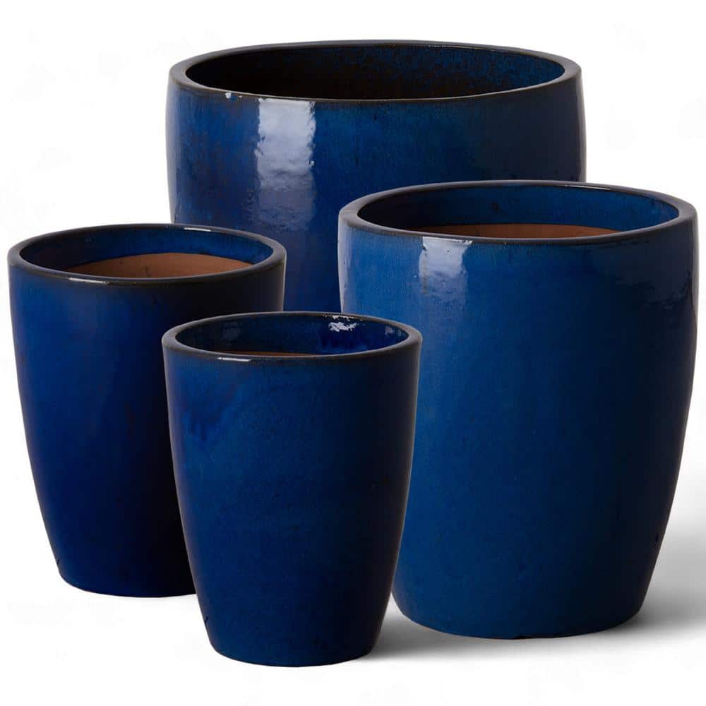 Medium Blue Ceramic Round Bullet Planter with Drainage Holes