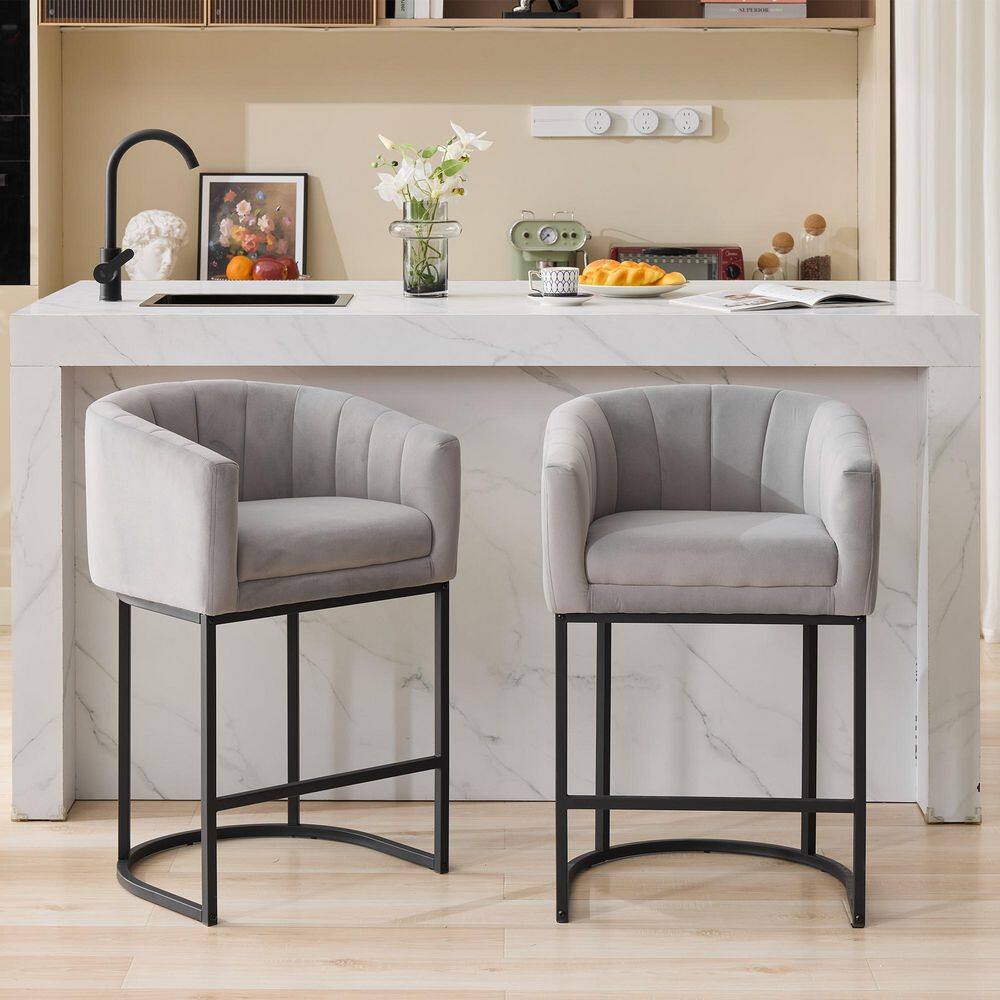 25.9 in. Modern Gray Upholstered Fabric Bar Stools with Curved Back and Metal Base (Set of 2)