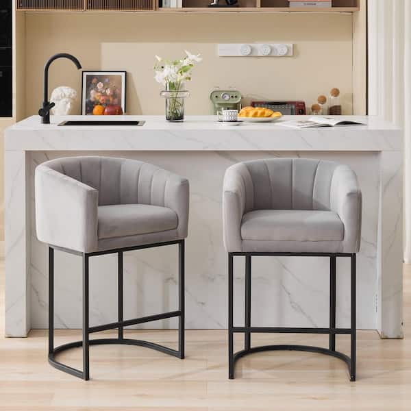 25.9 in. Modern Gray Upholstered Fabric Bar Stools with Curved Back and Metal Base (Set of 2)