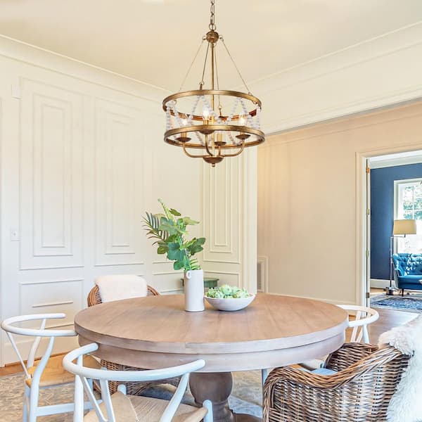 Bohemian Antique Gold Drum Dining Room Chandelier with Natural White Wood Beads, 4-Light Vintage Mid-Century Chandelier