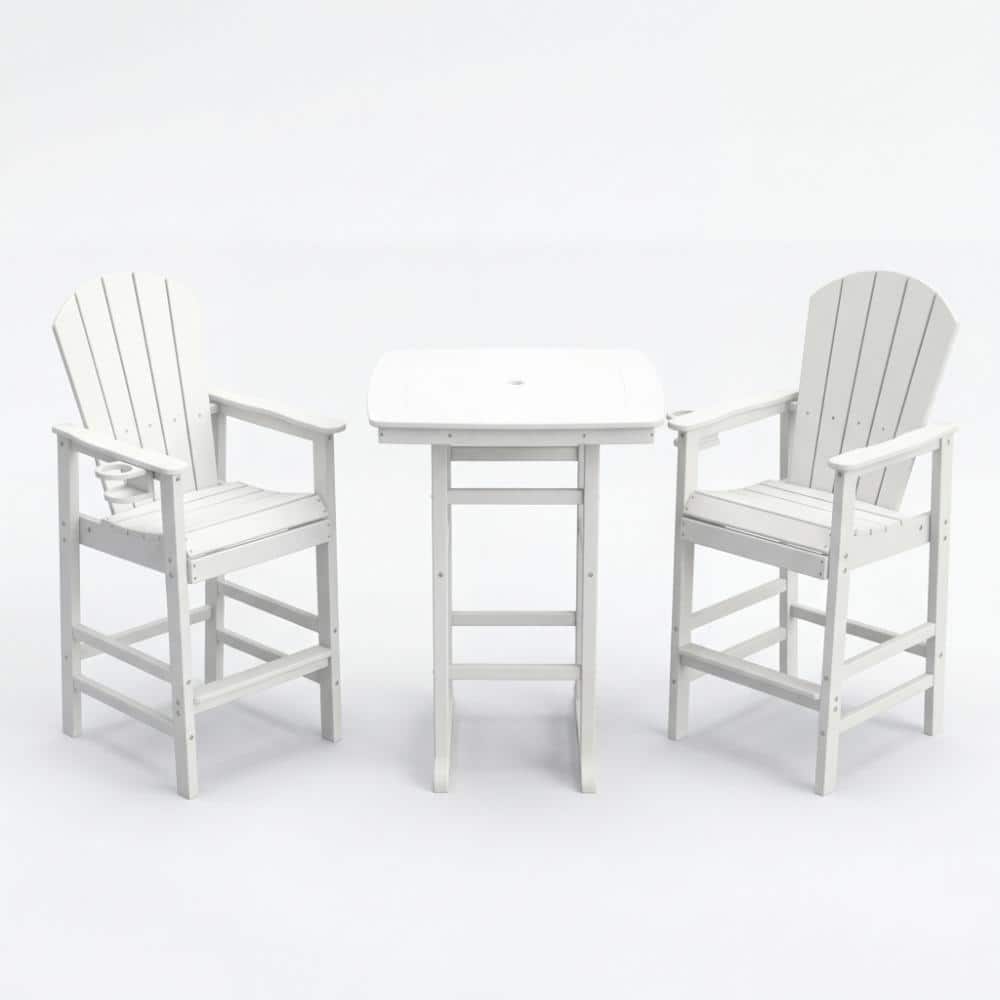 "3-Piece HDPE Bar Patio Set, 42.1"" Square High Top Pub Table with Umbrella Hole + 2 Bar Stools with Cup Holders, White" price history on PriceWatchPro