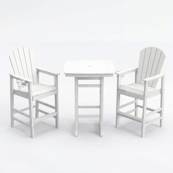 White All-Weather 3-Piece HDPE Bar-Height Patio Set include 42.1" Square High Top Pub Table and 2 Bar Chairs