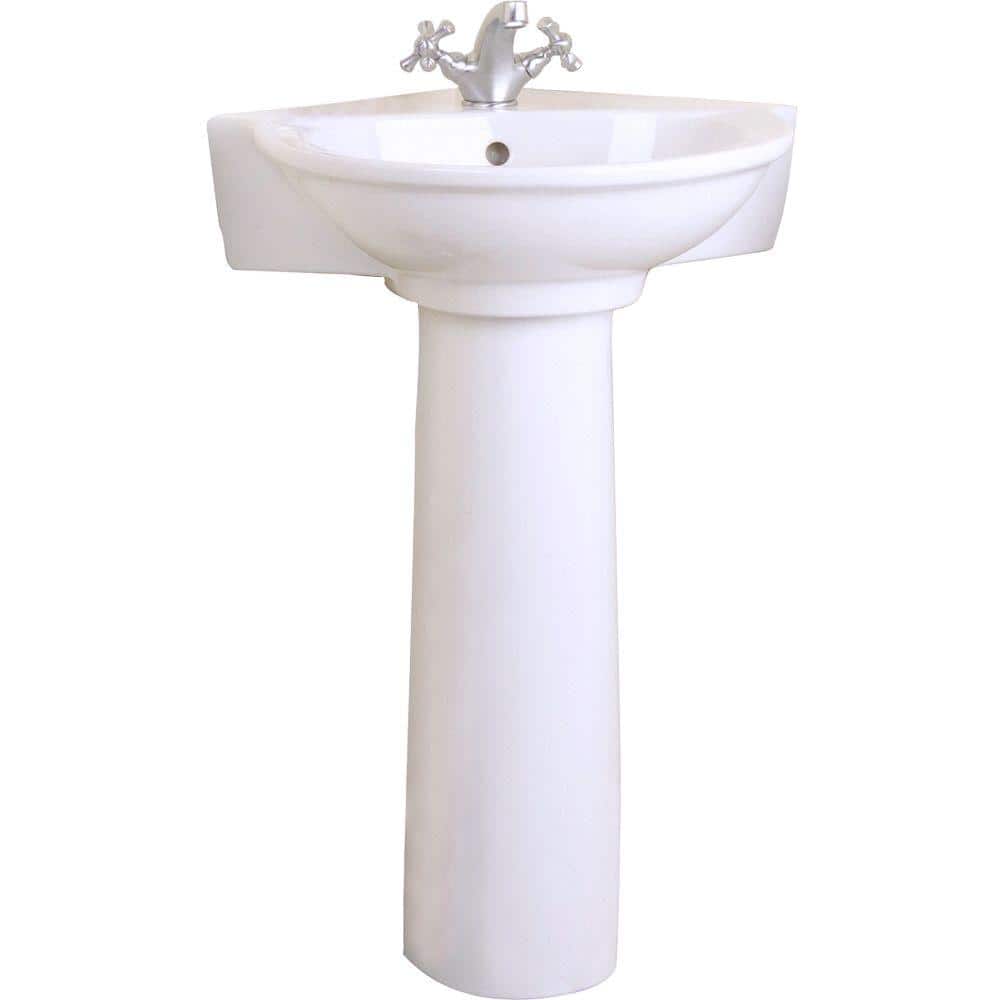 Compact White Ceramic Corner Pedestal Sink with 3 Faucet Holes