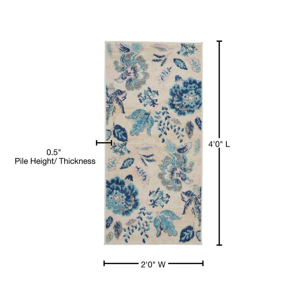 Elegant Ivory & Light Blue Floral Synthetic Area Rug 2' x 4'