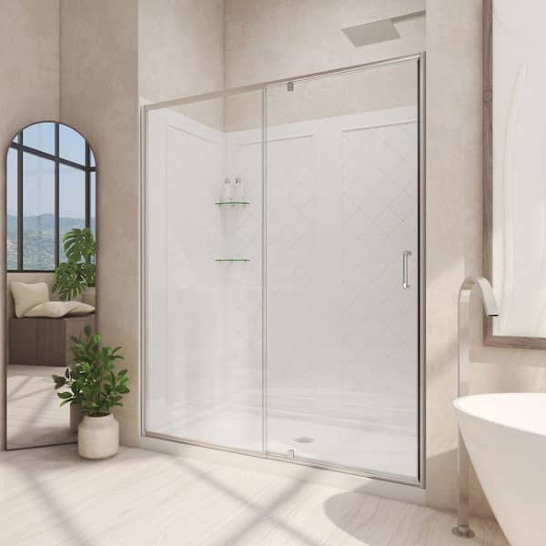 DreamLine Flex 60 in. x 72 in. Pivot Semi-Frameless Shower Door in Brushed Nickel with 60 in. x 36 in. Base and Wall in White