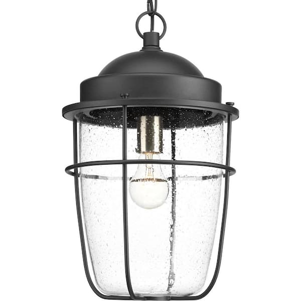 Progress Lighting Holcombe Collection 1-Light Textured Black Clear Seeded Glass Farmhouse Outdoor Hanging Lantern Light