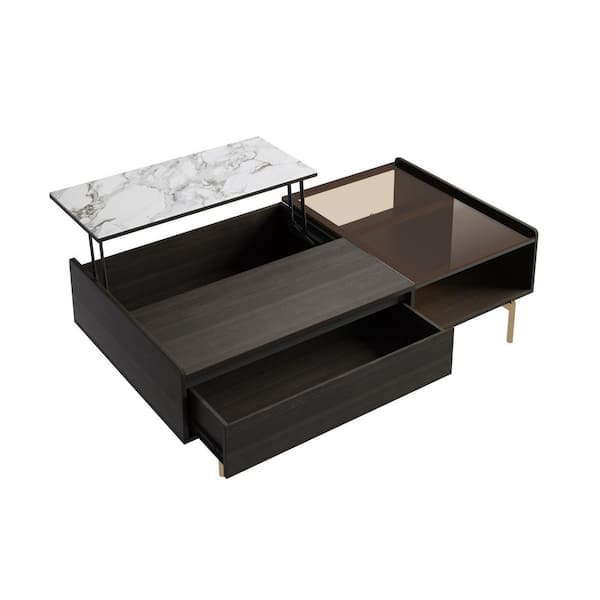JASIWAY 51.2 in. Black Faux Marble and Wood Rectangle Lift Top Coffee Table with Storage