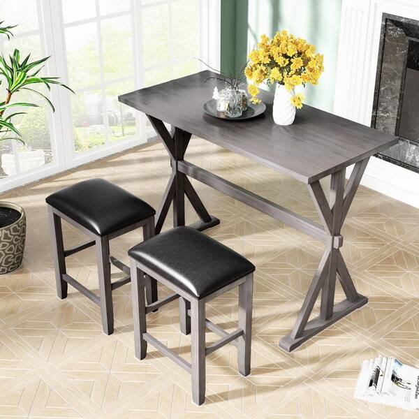 Wood Top Gray Kitchen Dining Table Set, 2 Person High Dining Table