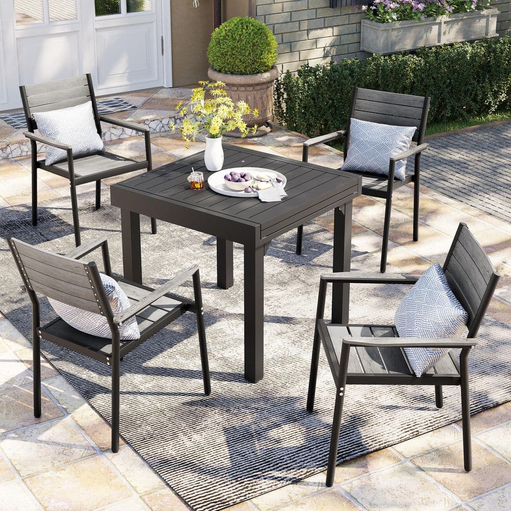 5-Piece Aluminum Patio Outdoor Dining Set Rectangle Extendable Table and Arms Stacking Wood-Like Chairs, Gray