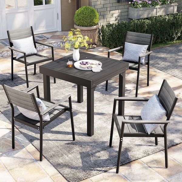 Pellebant 5-Piece Aluminum Patio Outdoor Dining Set Rectangle Extendable Table and Arms Stacking Wood-Like Chairs, Gray
