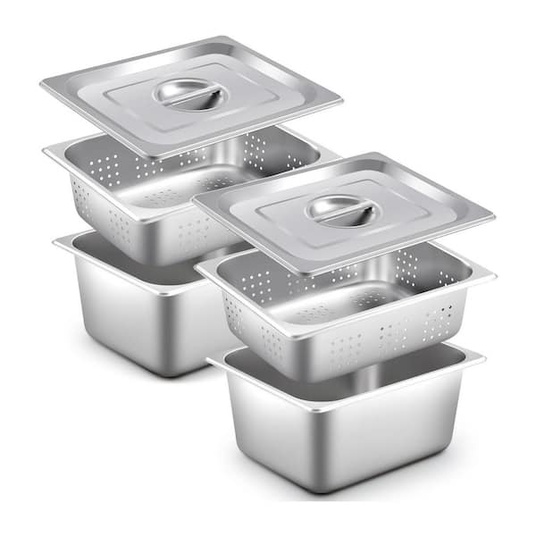 6 Piece Silver Stainless Steel Full Size Hotel Pan Set with 2 Perforated Steamers 2 Lids for Kitchen Supplies