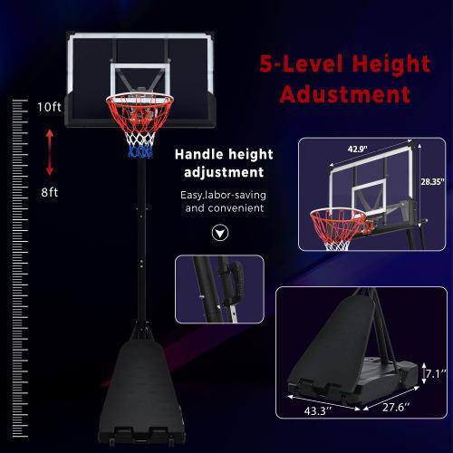 Adjustable Black Portable Basketball Hoop System with LED Lights