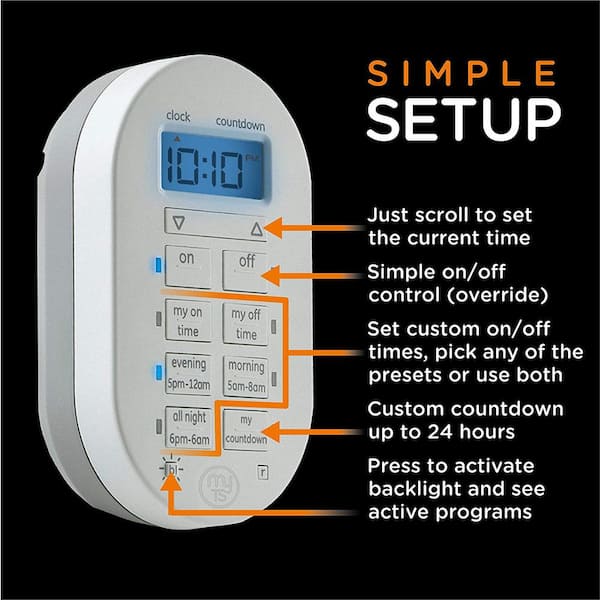 White myTouchSmart Wireless Programmable Indoor Digital Timer with Remote 3 Daily Preset Options Plug-in 24 Hour Countdown 1 Outlet Polarized 2 Custom On/Off Times Backlit Display 35166 