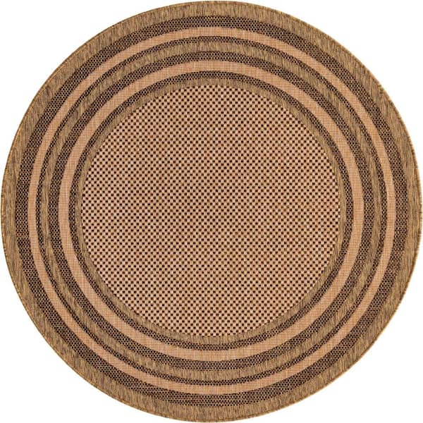 Unique Loom Outdoor Multi Border Light Brown 6' 0 x 6' 0 Round Rug