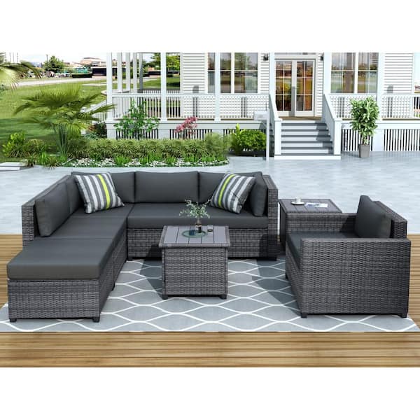 Harper & Bright Designs Deep seating High End 8-Piece Gray Wicker Outdoor Sectional Set with Extra Thick Gray Cushions