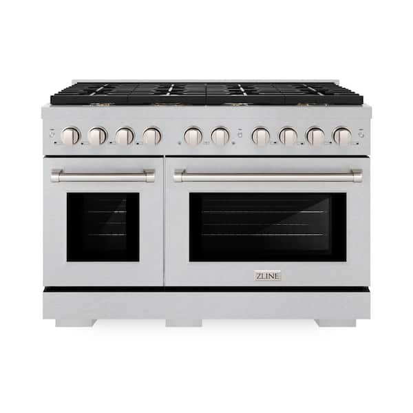 48 in. 6.7 cu. ft. Paramount Double Oven Gas Range in Satin Stainless Steel with 8 Brass Burners