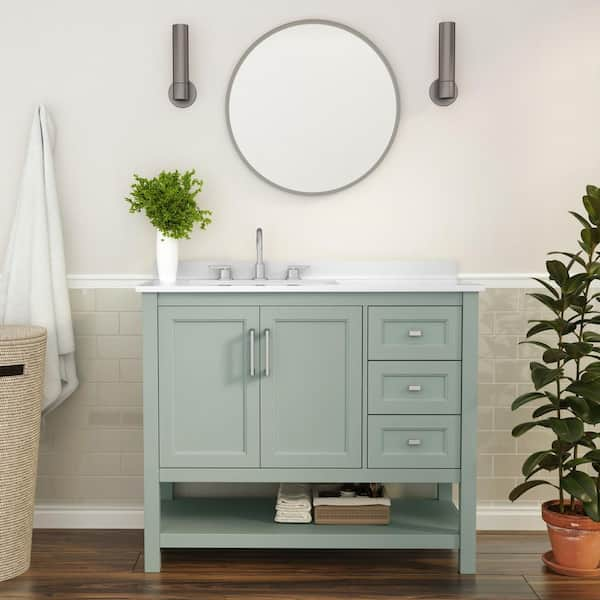 Vega 42 in. Sage Bathroom Vanity with Sink, Cabinet, Open Shelf, 3 Drawers, White Carrera Marble Finish Countertop