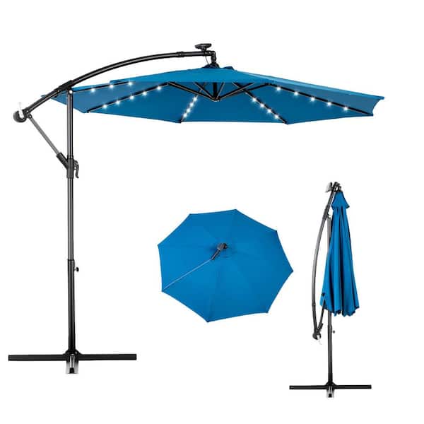 HOMEFUN 10 ft. Solar LED Outdoor Market Umbrella Hanging Cantilever Patio Umbrella in Dark Blue with Adustmentable 40-Lights