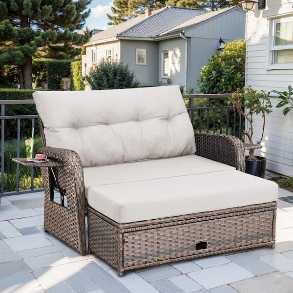 Wicker Patio Outdoor Daybed with Loveseat and Storage Ottoman, Beige Cushions, 5-Level Adjustable Backrest and 2 Trays