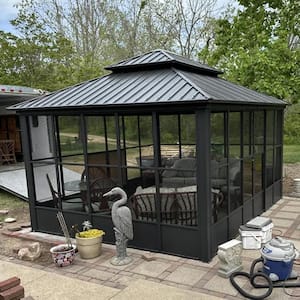 12ft.x16ft. Sunroom Hardtop Gazebo Solarium Galvanized Steel Double Roof Aluminum Screen House Patio Deck Backyard Gray