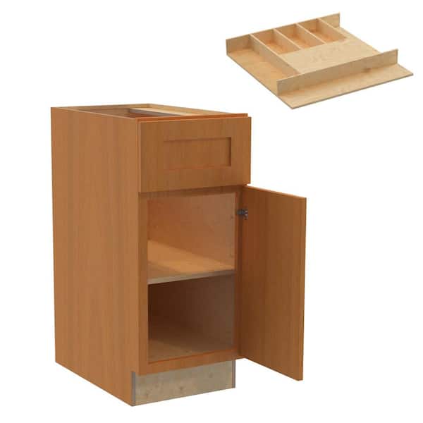 Home Decorators Collection Newport 15 in. W x 24 in. D x 34.5 in. H Assembled Plywood Base Kitchen Cabinet in Cinnamon with Cutlery Soft Close RH