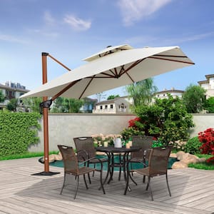 9 ft. Square High-Quality Wood Pattern Aluminum Cantilever Polyester Patio Umbrella with Base Plate, Cream