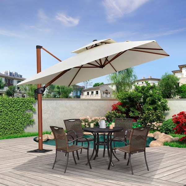 PURPLE LEAF 9 ft. Square High-Quality Wood Pattern Aluminum Cantilever Polyester Patio Umbrella with Base Plate, Cream