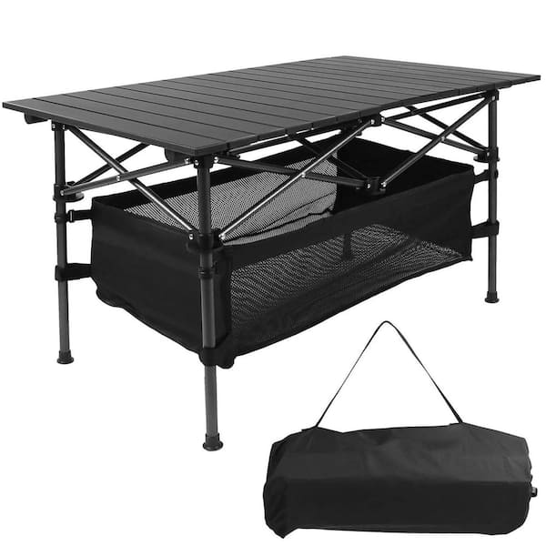 37.2 in. Width, Black Rectangle Aluminum Folding Outdoor Camping Picnic Tables